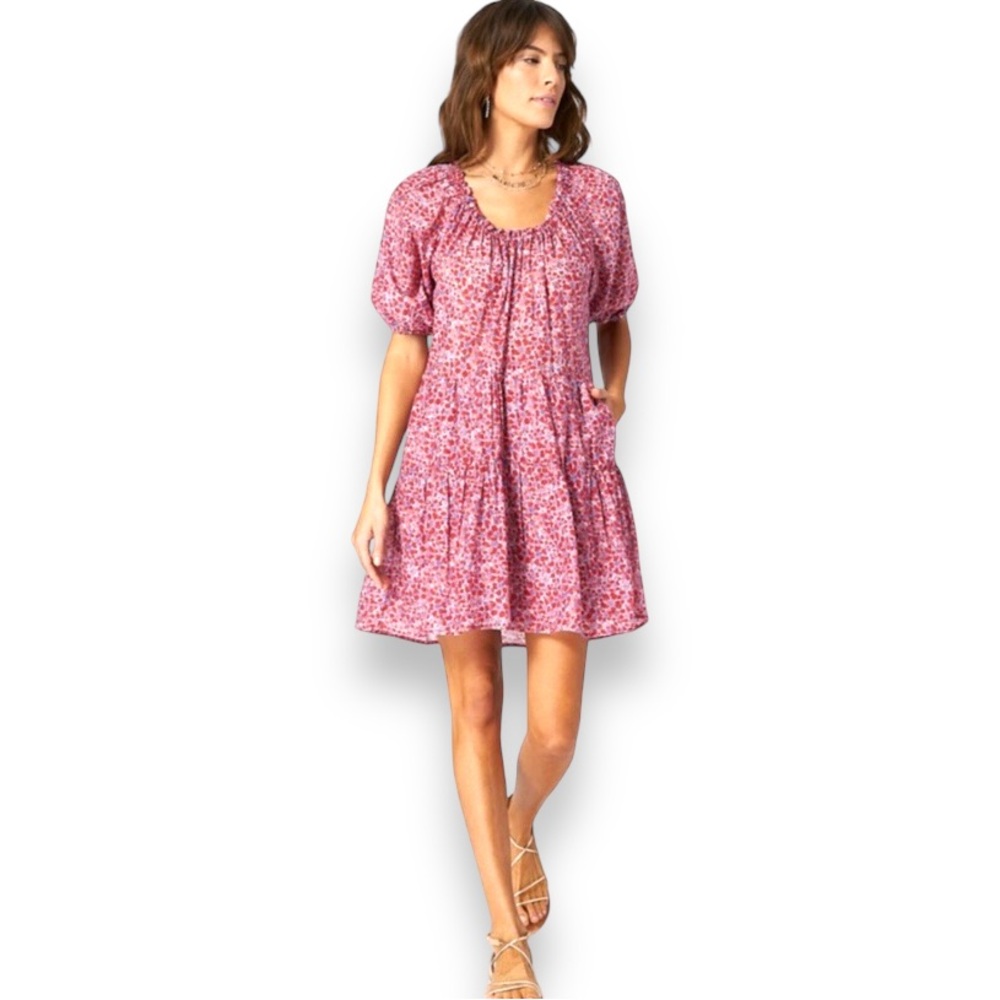 Xirena Dolly Mini Dress Sz S Pink Floral Puff Sleeve Cotton/Silk Poplin Relaxed